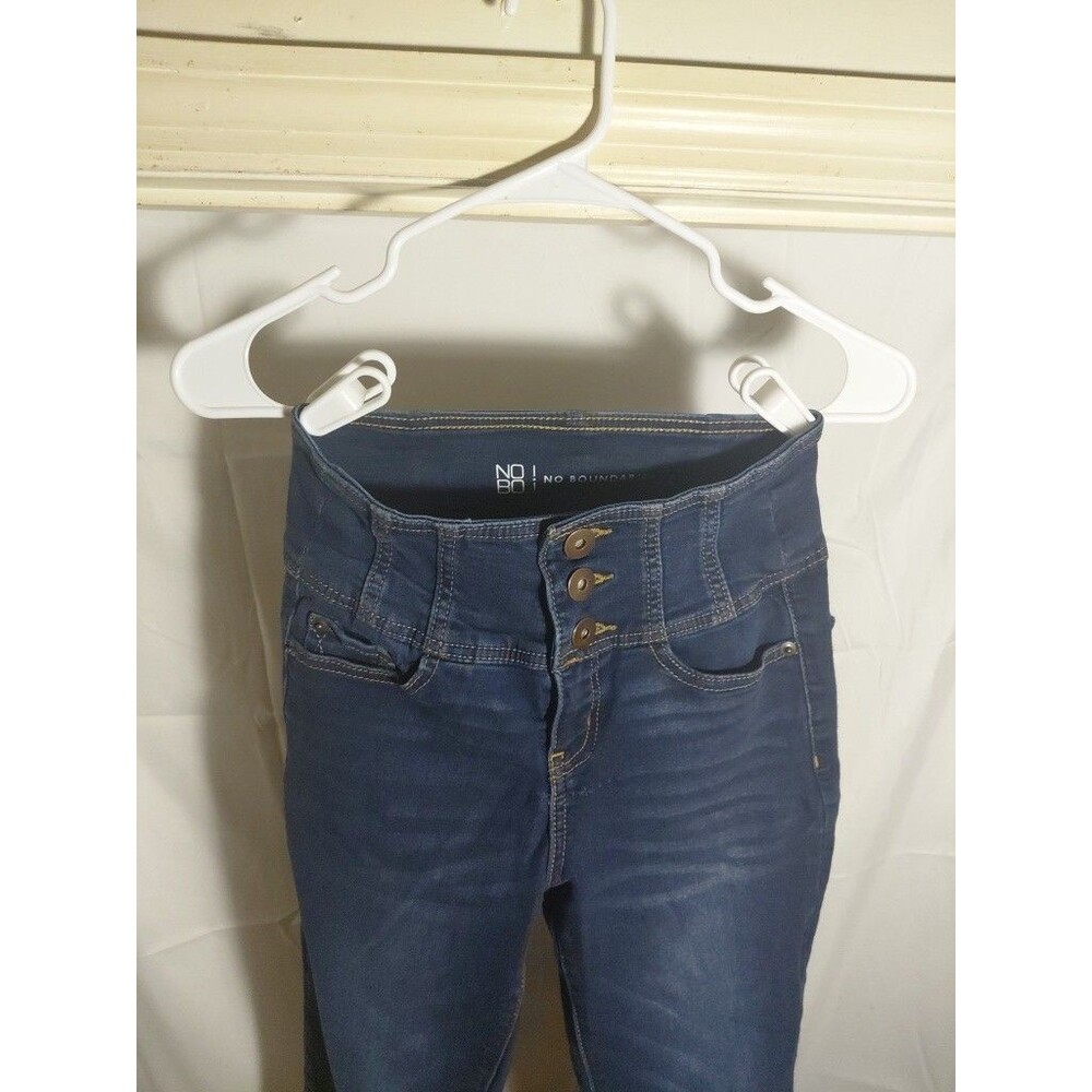 No Bounderies Women's Skinny Blue Jeans Size 5 High Rise 5 Pocket Button Up